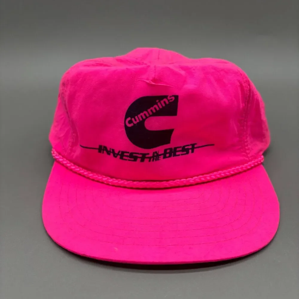 Vintage Cummins Racing Hat Neon Pink Strapback Adjustable Rope Cap Nylon 80s - Picture 2 of 9